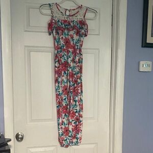 1st Kiss Pink Floral Off-Shoulder One-Piece Jumpsuit with Teal Accents